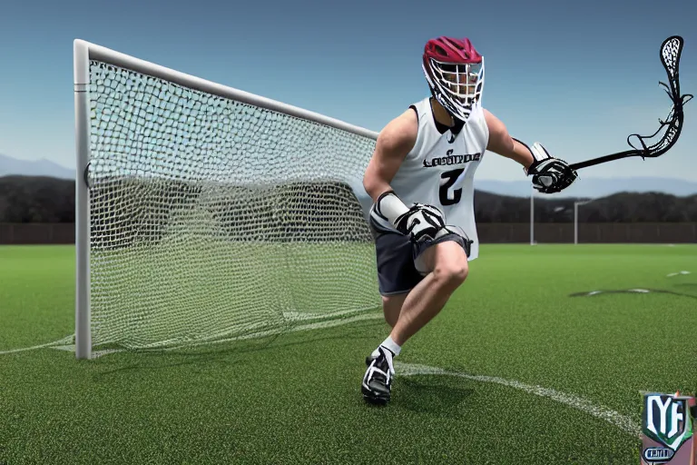Prompt: lacrosse player, soccer field, cascade helmet, realistic, running, very detailed, 8k, high resolution, ultra realistic, no grain, symmetry, normal proportions, sports illustrated style, Cascade XRS Custom Lacrosse Helmet, brine lacrosse stick, Brine Lacrosse King V Gloves, normal feet, Nike Alpha Huarache 7 Elite, STX Surgeon 700 Lacrosse Arm Guards
