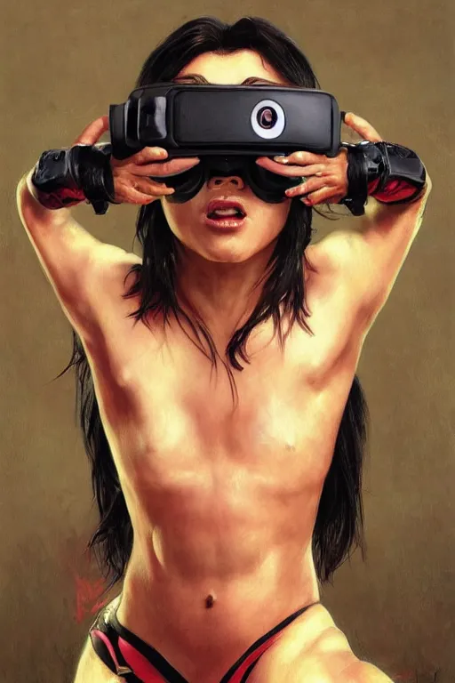 Image similar to painting of a wrestler character wearing vr goggles, shrugging arms, shrug, shrug life, ultra realistic, sharp details, subsurface scattering, intricate details, warm lighting, highly detailed, photorealistic, octane render, 8 k, unreal engine, art by artgerm and greg rutkowski and alphonse mucha