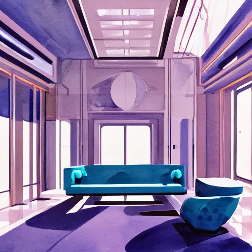 Image similar to a beautiful illustration of futuristic interior hall, lots of furniture, sofa, waiting room, big medium small, sacred geometry, golden ratio, in watercolor gouache detailed paintings, in style of syd mead, trending on artstation,8k, panel, hard surface, vent, zaha hadid