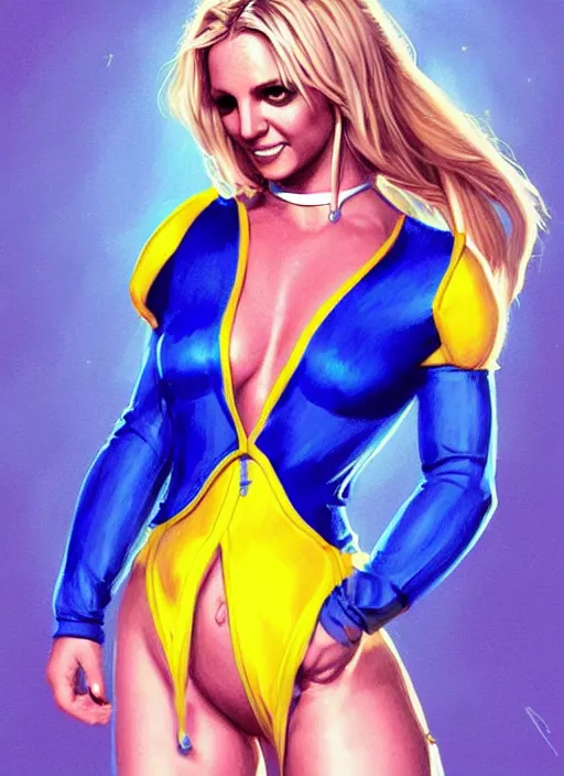 Image similar to britney spears in blue and yellow cat costume, intricate, elegant, glowing lights, highly detailed, digital painting, artstation, glamor pose, concept art, smooth, sharp focus, illustration, art by artgerm and greg rutkowski, artey freytag