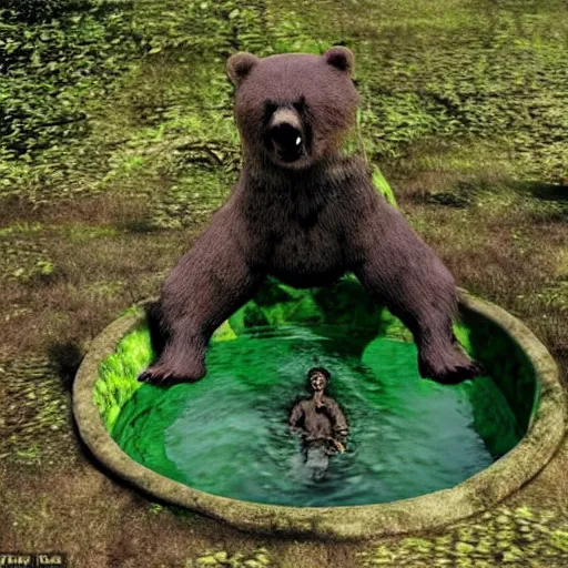 Image similar to a realistic depiction of a zombie bear standing in a green fluid pit, photo pic taken by todd mcfarlane and national geographic