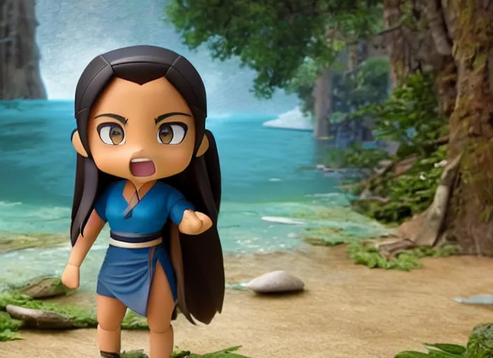 Prompt: katara from avatar as nendoroid is summoning a giant wave from a lake in a forest, in the croods movie style, anime, disney, pixar, 8 k, hd, dof, kodak film, volumetric lighting, subsurface scattering, photorealistic, octane render, details