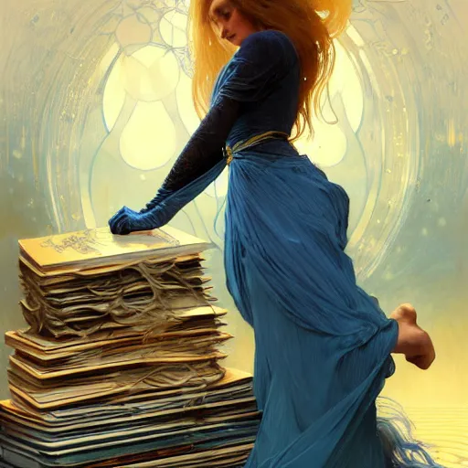 Image similar to A girl in a blue dress standing over a pile of books with golden locks down her back and a black cat at her feet, face, fantasy, intricate, elegant, highly detailed, digital painting, artstation, concept art, smooth, sharp focus, illustration, art by Krenz Cushart and Artem Demura and alphonse mucha