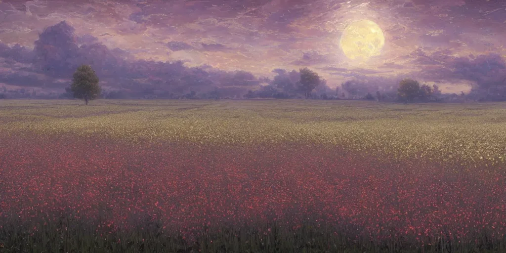 Prompt: field of flowers at night, lit by moonlight, grand landscape art by donato giancola and greg rutkowski, vintage retro, digital art, trending on artstation, symmetry!!, epic composition