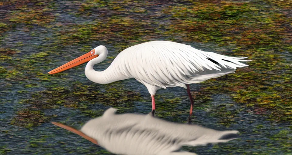 Image similar to A beautiful hyper realistic ultra detailed lifelike matte painting of a stork in a lake, reef, water reflection, unreal engine, deviantart, flickr, artstation, octane render, textured, colorful, extreme realistic detail, physically based rendering, pbr render, very detailed, volumetric lighting, detailed lighting, octane render, 4k, cinematic lighting, 8k resolution