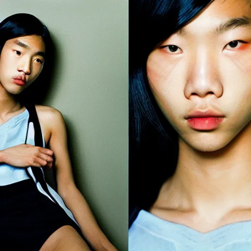 Image similar to realistic! photoshoot for a new balenciaga lookbook, color film photography, portrait of a beautiful asian model, photo in style of tyler mitchell, 35mm