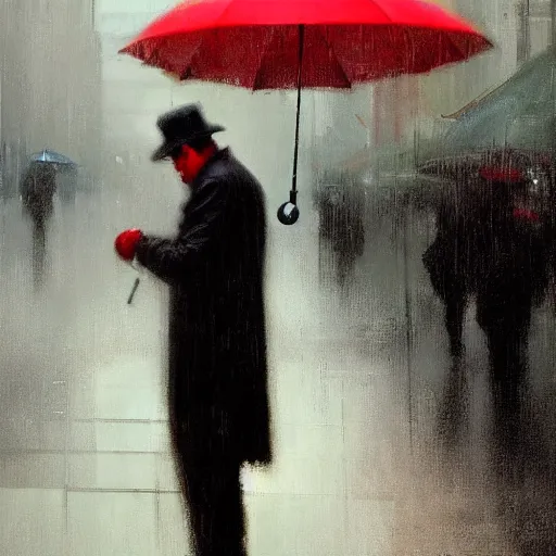 Prompt: man with red umbrella standing in the rain, chicago, art deco, by jeremy mann.