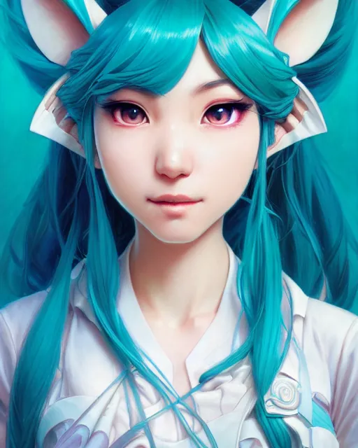 Prompt: portrait of disney hatsune miku, intricate, elegant, highly detailed, my rendition, digital painting, artstation, concept art, smooth, sharp focus, illustration, art by artgerm and greg rutkowski and alphonse mucha and uang guangjian and gil elvgren and sachin teng, symmetry!!