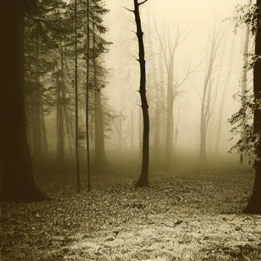 Image similar to deep misty forest with black hairy demon behind the tree, monochrome lomography