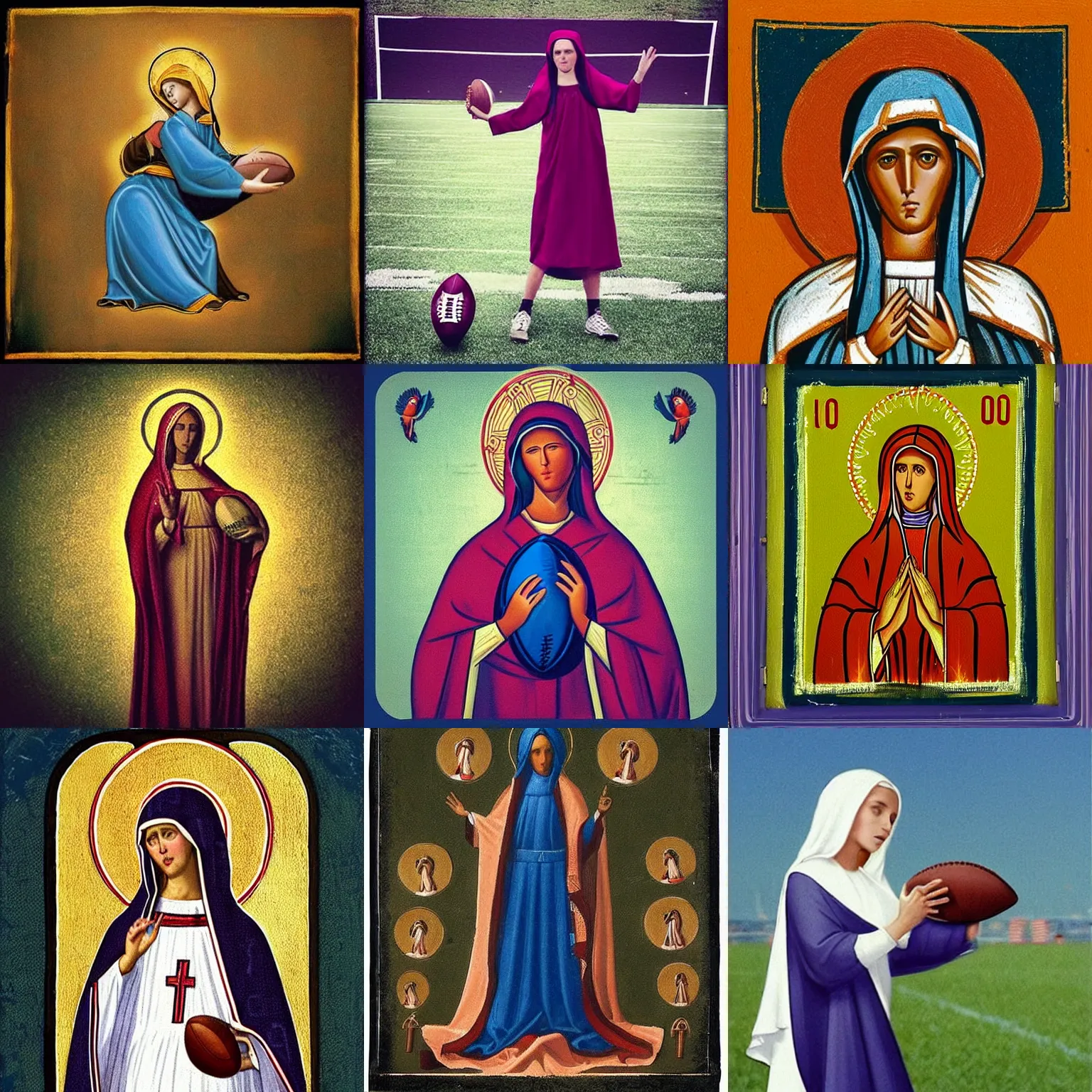Prompt: “The Virgin Mary playing American football. She is wearing a helmet and playing on a field with a team. Orthodox Iconography”