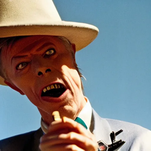 Image similar to david bowie wearing a sombrero and smoking a cigar, realistic, nikon