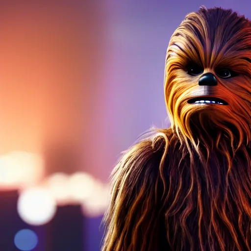 Image similar to a still of Chewbacca, studio lighting, 4K. Shallow depth of field. City at night in background, lights, colors.