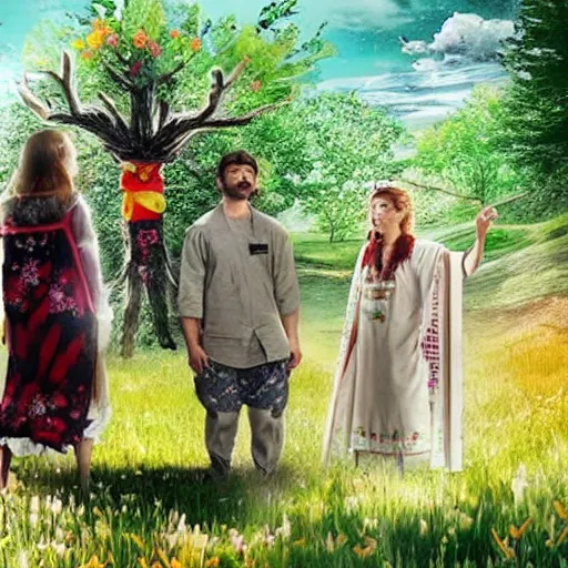 Image similar to a still from the movie midsommar crossover with the game okami