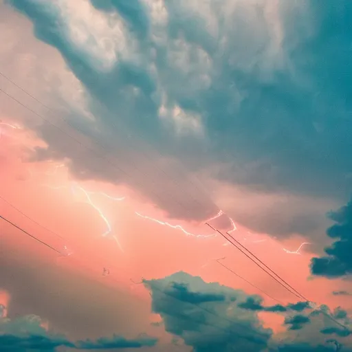 Image similar to low angle, pink golden clouds, blue sky, golden hour, telephone lines, thunder storm, lightening, detailed, photograph, award wining, trending on artstation, 4k, unreal engine 5, octane render, neon highlights