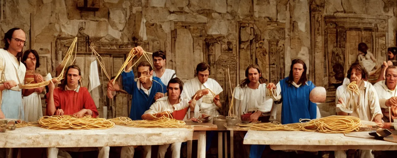 Prompt: the ancient greeks using spaghetti in geometry, canon 5 0 mm, wes anderson film, kodachrome