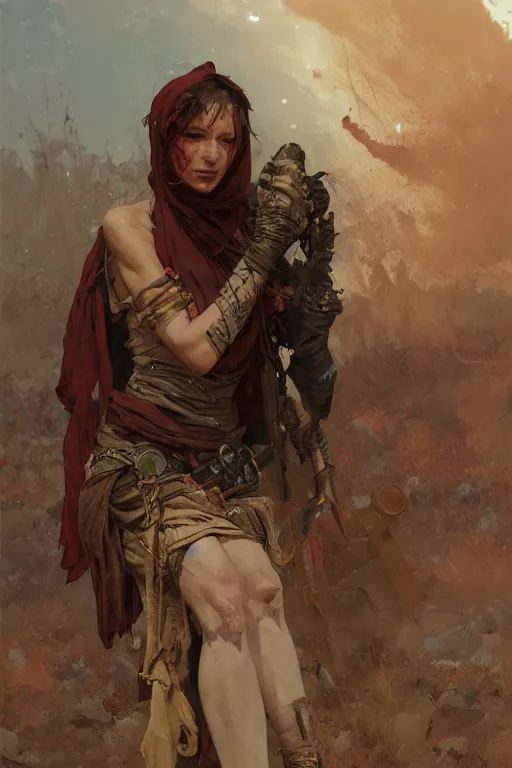 Image similar to a full body portrait of a beautiful post apocalyptic offworld butchers district bedouin blind pulp fiction scarlet wild rogue barbarian leper begging by the roadside, intricate, elegant, highly detailed, digital painting, artstation, concept art, smooth, sharp focus, illustration, art by krenz cushart and artem demura and alphonse mucha