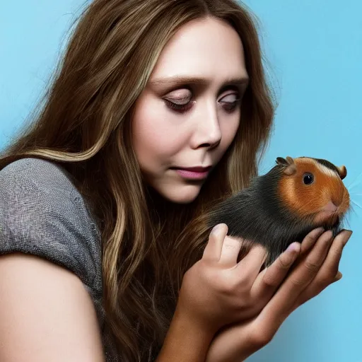 Image similar to Elizabeth Olsen holding a guinea pig in her hands, photorealistic, 4k, 8k, trending on artstation