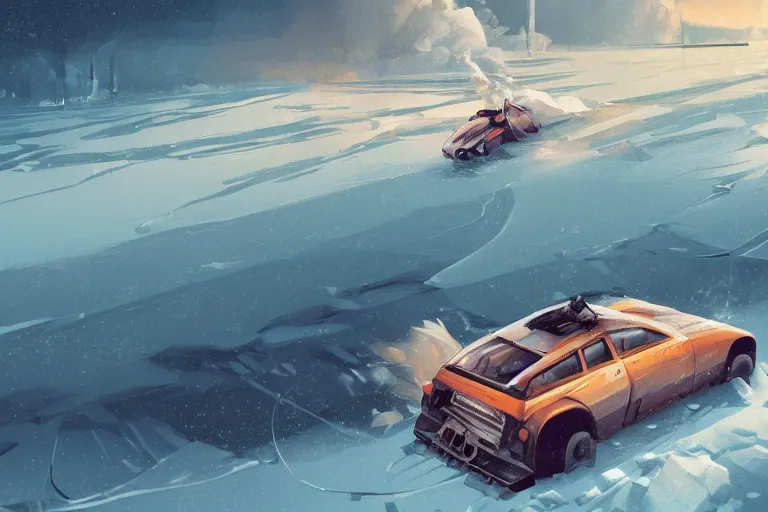 Prompt: dieselpunk digital illustration of a jet - powered yugo hatchback speeding across a frozen lake in a blizzard by makoto shinkai, ilya kuvshinov, lois van baarle, rossdraws, basquiat