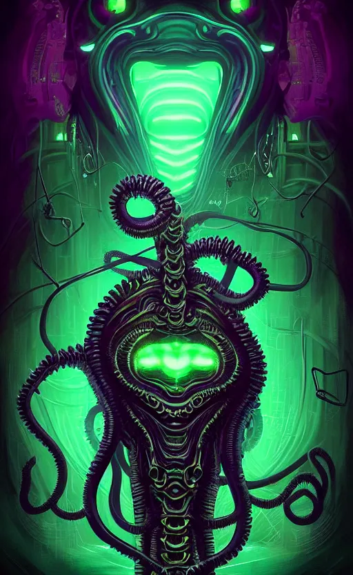 Image similar to poster style, a beautiful and terrifying painting with high details a digital portrait of lovecraftian tech god, green neon cyber cthulhu, cyber noir, movie atmosphere, movie lights, 8 k, light effect, rtx on, trending on artstation, by kilian eng, lee madgwick, bastien lecouffe - deharme