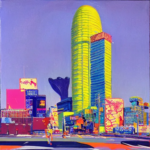 Prompt: “Wayne thiebaud neo-Tokyo gleaming sunny day”