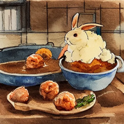 Image similar to a rabbit cooking mashed potatoes and meatballs in a cozy french kitchen, realistic watercolour