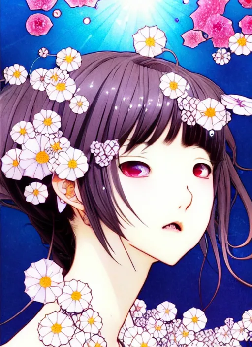 Image similar to exquisite imaginative manga poster art of vamprie girl, flowers, pearlescent, shimmering, reflective, rim light, clear face, detailed background, by kojima ayami, shigenori soejima, minaba hideo, alphonse mucha, dark fantasitic, illustration, artstation, pivix, concept art, highly detailed, colorful, maximalist