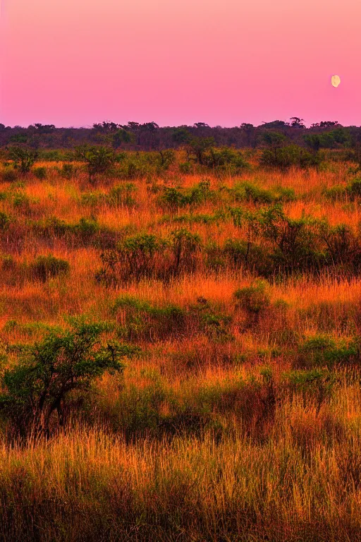 Prompt: A sprawling savannah at golden hour, as the sun sets on the horizon, in the style of bruce ricker