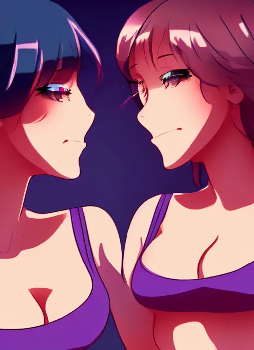 Prompt: two beautiful mothers outside in the evening, tank tops, gorgeous faces, thick lines, cinematic lighting, detailed anime art