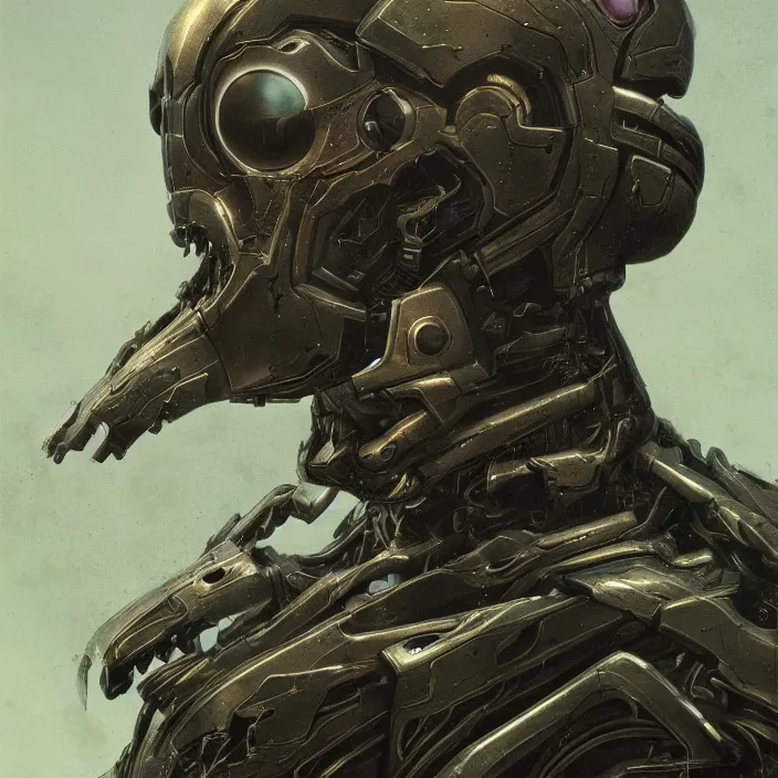 Prompt: portrait of a geen metal Ultron from Age of Ultron, clockwork steampunk, by Beksinski, trending on artstation, 4k