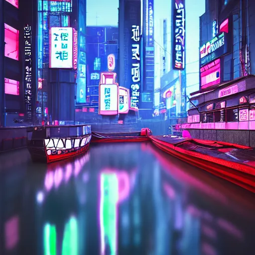 Image similar to cyberpunk flooded rainy south korea, seoul, boat, reflections, cinematic lighting, photorealistic, trending on artstation, storefronts made of neon lights, hyper realistic rendering photography, unreal 5 engine render, ultra wide angle, long shot, 8 k