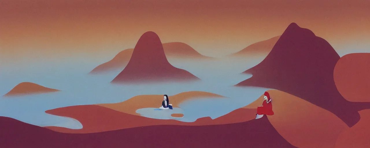 Image similar to deep golden sand desert, oasis, water lake, mirage, sand mists, red sandstone natural sculptures, desert flowers, subtle color variations, wind, a white robed benevolent magician clothed in a royal garment in contemplation meditating upon God, by Eyvind Earle and Mary Blair