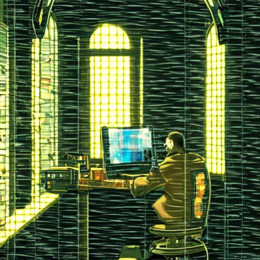 Image similar to cyberpunk mount athos priestly hacker monk meditating in his study surrounded by wires and crt terminals, anime scene interior wide-angle in the style of serial experiments lain, 2d cinematic