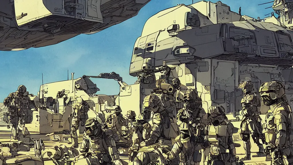 Prompt: An amazing illustration of a futuristic military in a small town, by Frank Miller. Cinematic. Bright color palette. Wide angle. Clean lines. Balanced composition.