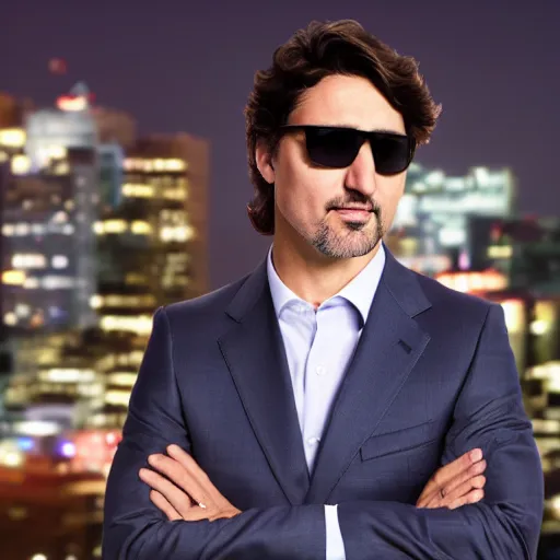 Prompt: a still of Justin Trudeau wearing sunglasses. He's wearing a suit, dark. Studio lighting, shallow depth of field. Professional photography City at night in background, lights, colors,4K