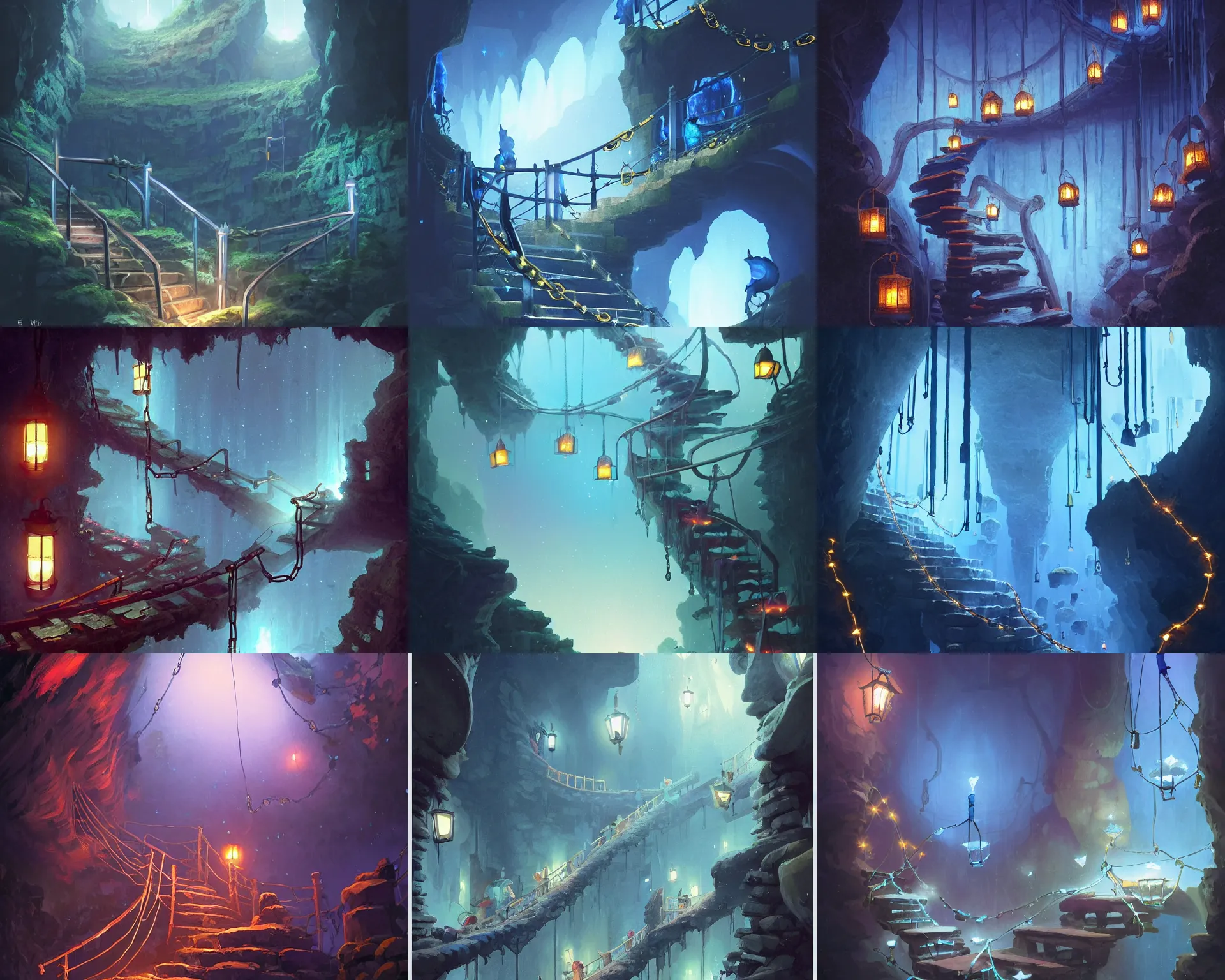 Prompt: staircase leading towars the bottom of a cavern lit by blue lanterns and ember, light blue fireflies, anchors chains, magnificent, close up, details, sharp focus, elegant, highly detailed, illustration, by Jordan Grimmer and greg rutkowski and PiNe(パイネ) and 薯子Imoko and 香川悠作 and wlop and maya takamura, intricate, beautiful, Trending artstation, pixiv, digital Art