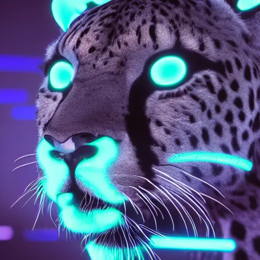 Prompt: a black cybernetic cheetah with neon blue spots, 4k, octane render