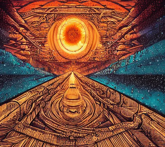 Image similar to pyrography cosmic convergence by Dan Mumford and by Dan Witz