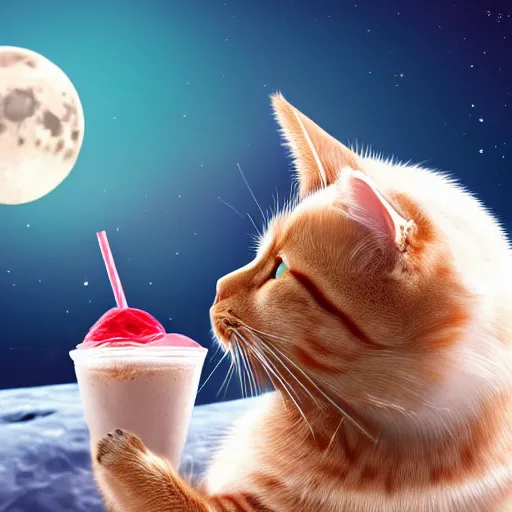 Image similar to a cat drinking a milkshake on the moon, high detail, vivid, portrait, great detail, 8 k, 4 k uhd, high definition, realistic