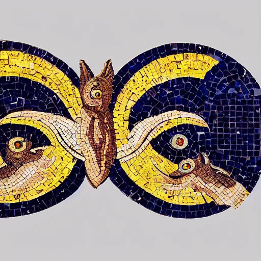 Prompt: medium shot Mosaic depicting a cute realistic adorable vampire bat big eyes, realistic wings, looking left, round blue background, from Italica, AD 176-275. Archaeological Museum, Seville. Byzantine mosaics, highly detailed, HQ, HD, beautiful, National Geographic,