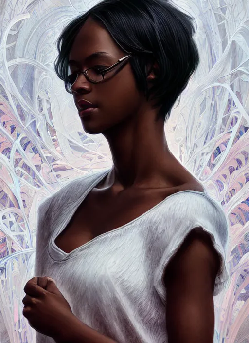 Image similar to handsome young black women with shoulder length white hair, half body shot, path traced, highly detailed, high quality, digital painting, alena aenami, lilia alvarado, shinji aramaki, karol bak, alphonse mucha, tom bagshaw