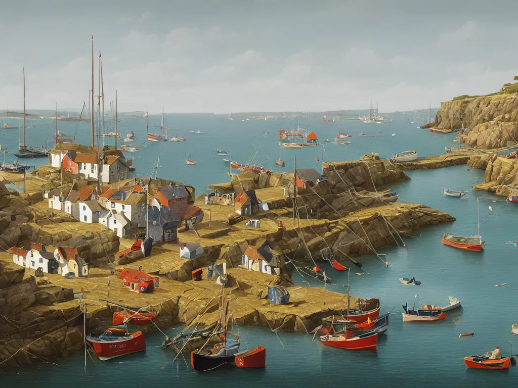 Image similar to a detailed gouache painting illustration of a typical English coastal fishing harbor, by Michiel Schrijver, ultra-hd, sharp focus, isometric