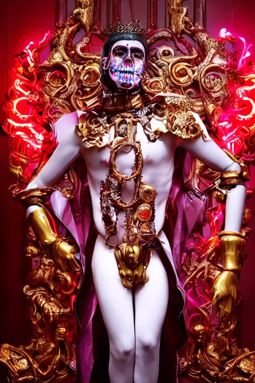 Prompt: full-body baroque and bladerunner style red neon statue of a young attractive Spanish male macho dotado android thrusting sim roupa con piroca dura, glowing white face, prince crown of red steampunk gears, diamonds, swirling gold-colored silk fabric. futuristic elements. throwing-up liquid rainbow light, full-length view. space robots. human skulls. throne made of bones, intricate artwork by caravaggio. Trending on artstation, octane render, cinematic lighting from the right, hyper realism, octane render, 8k, depth of field, 3D