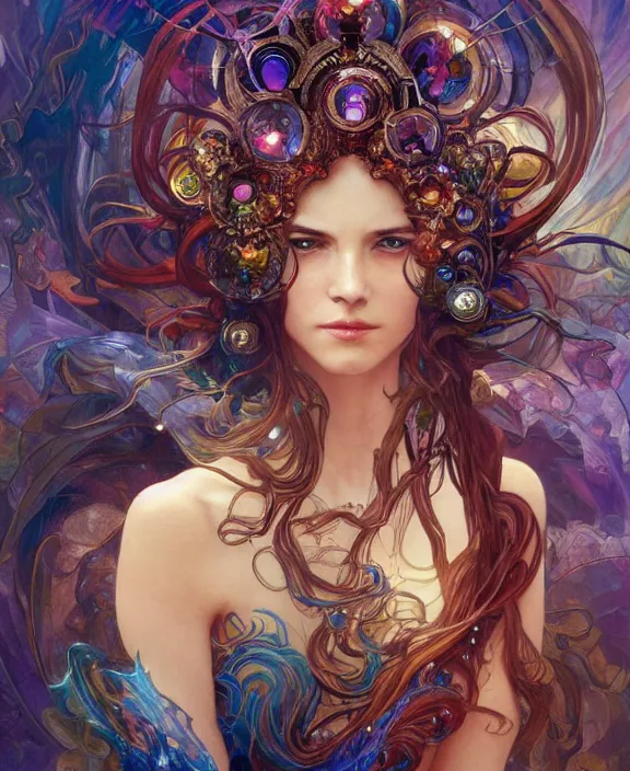 Image similar to a whirlwind of souls rushing inside the metaverse, half body, glowin eyes, tiara with sapphire, insect, d & d, fantasy, intricate, elegant, highly detailed, colorful, vivid color, digital painting, artstation, concept art, art by artgerm and greg rutkowski and alphonse mucha and ruan jia