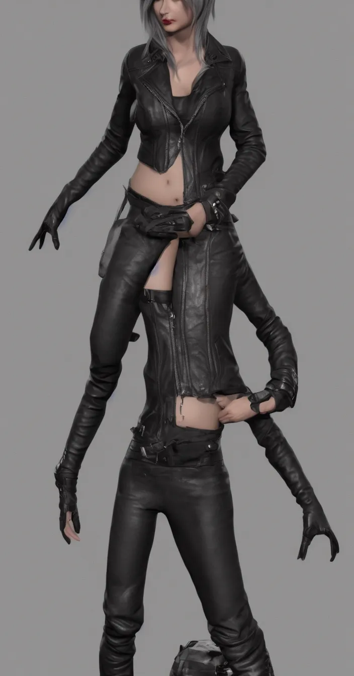 Image similar to a woman in a leather jacket posing for a picture, concept art by senior character artist, cgsociety, shock art, androgynous, daz3d, full body