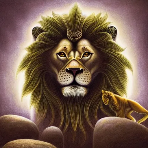 Image similar to an anthromorphic lion meditating in a zen garden with a waterfall under the blood moon, by Adi granov and afarin sajedi and amanda sage and evgeni gordiets and Agostino Arrivabene and adonna khare in a psychedelic portrait style, ultrarealistic matte painting, volumetric lighting, fractal, extremely symmetrical, highly detailed face, orisha, 8k, hd