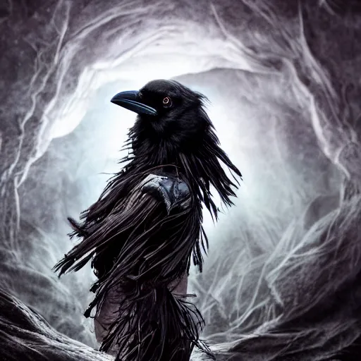 Prompt: full body pose, hyperrealistic photograph of a raven woman, dim volumetric lighting, 8 k, octane beautifully detailed render, extremely hyper detailed, intricate, epic composition, cinematic lighting, masterpiece, trending on artstation, very very detailed, stunning, hdr, smooth, sharp focus, high resolution, award, winning photo, dslr, 5 0 mm