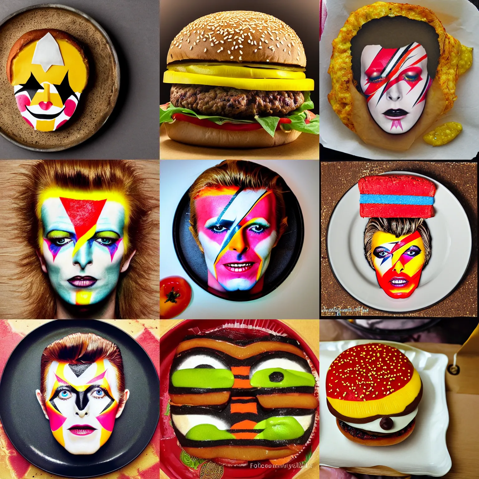 Prompt: cheeseburger decorated like David Bowie face paint, food photography
