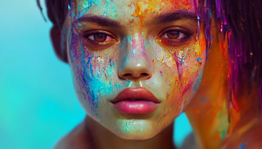 Image similar to very beautiful woman, face submerged in colorful oils, brown skin, realism, extreme detail, real life, key art, soft light, volumetric light, 3 - d shadows, photo by james jean and wlop, photoshoot