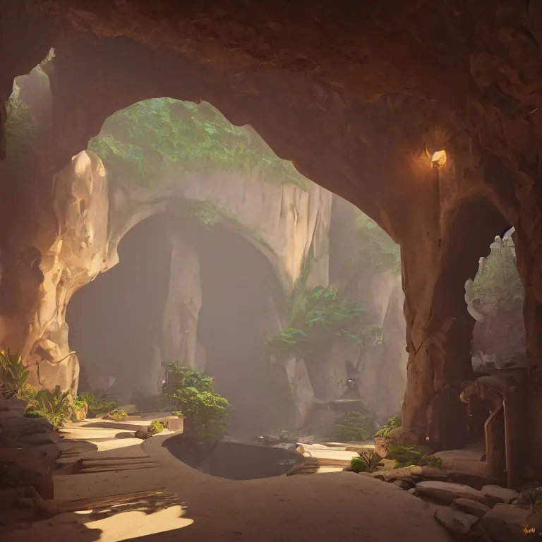 Prompt: secret overwatch arc hallway for living quarters carved inside a cave surrounding a lush garden, trimmed, magical, natural light, clean lines, cozy, fantasy, minimalist architecture, sharp focus, concept art, by greg rutkowski and craig mullins,, octane render 8 k