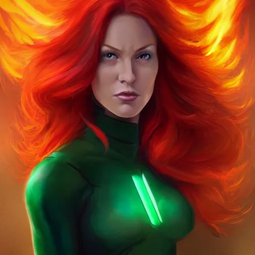 Image similar to jean grey, a full body portrait of jean grey, green eyes, red hair, phoenix rising, flames, flying, comic, x - men, highly detailed, artstation, deviantart, symetry, digital painting, vivid colors, realistic shaded perfect face, volumetric lighting, atmospheric, sharp focus, moody, art by artgerm and greg rutkowski, 8 k